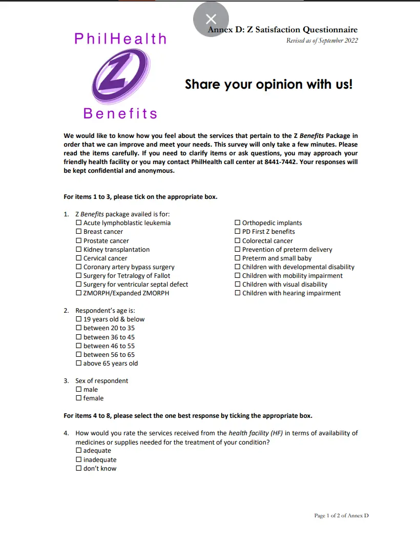 List of Philhealth Z Benefit 